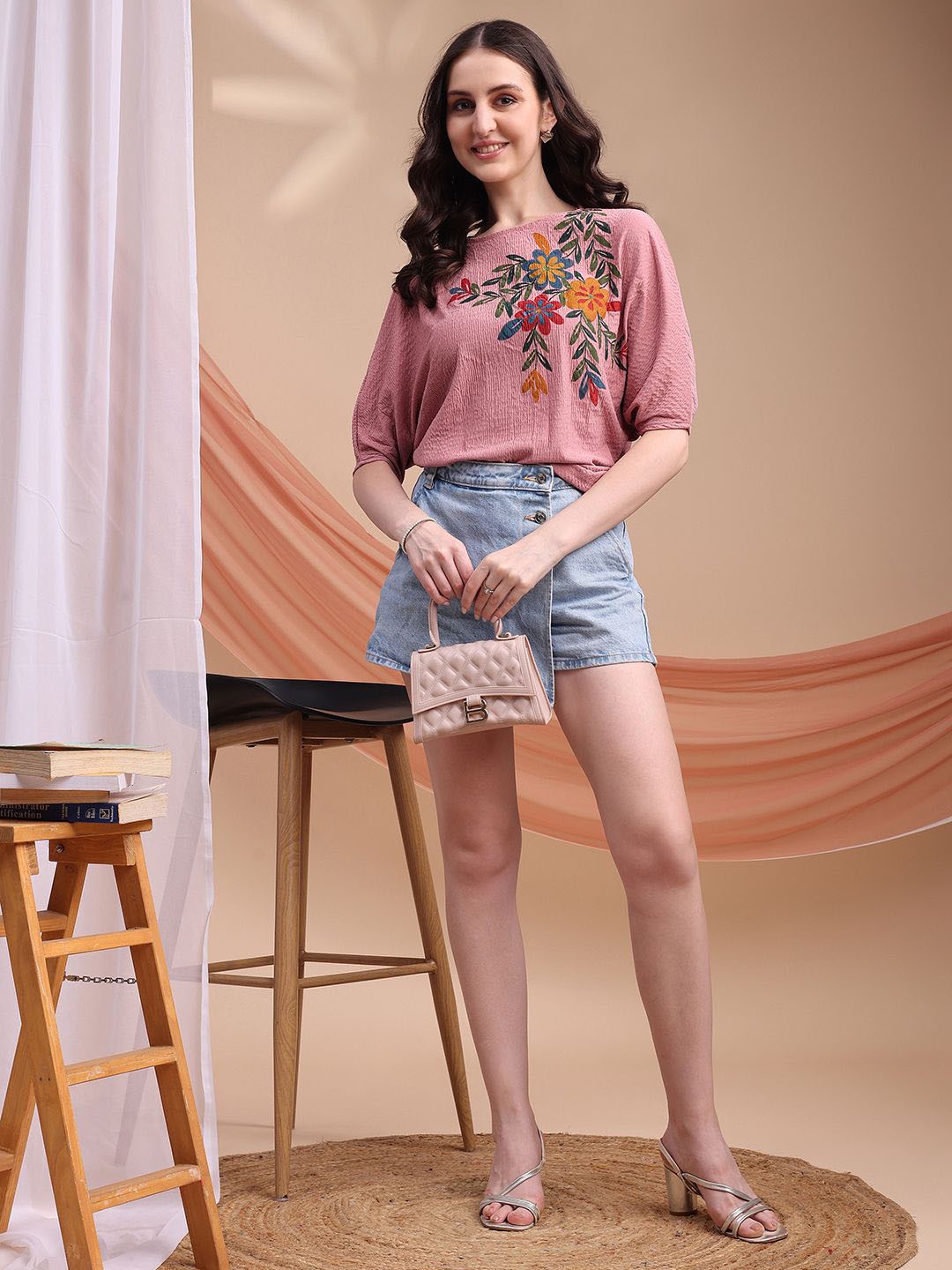 Floral Printed Round Neck Extended Sleeves Scuba Top - Image 3
