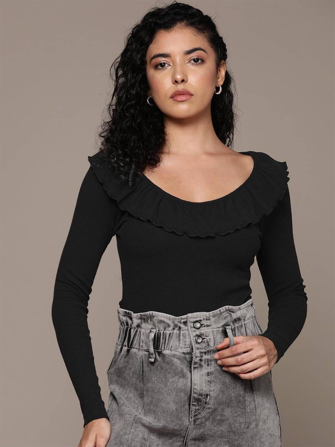 Women Ruffles Detail Scoop Neck Cotton Top - Image 3