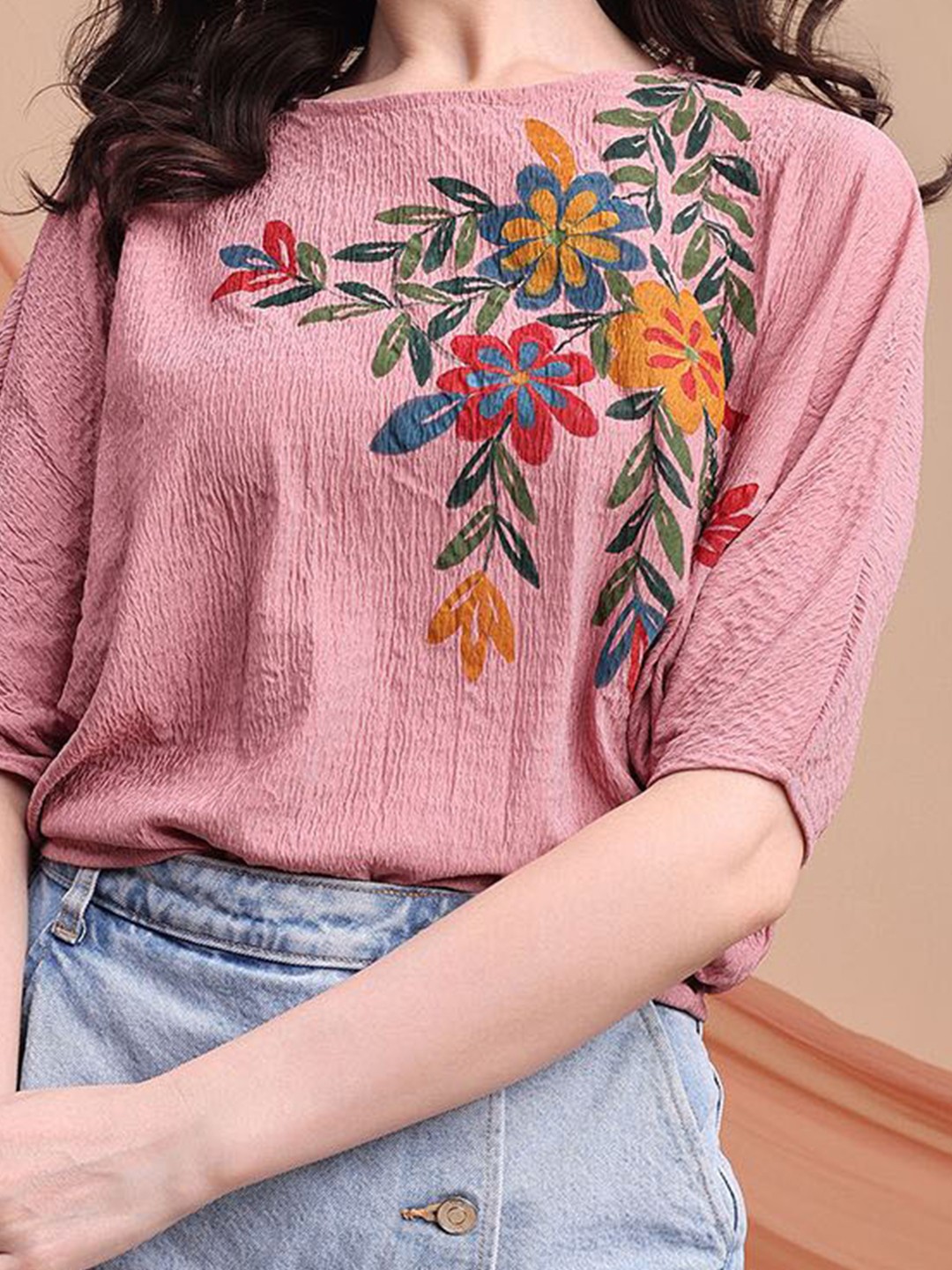 Floral Printed Round Neck Extended Sleeves Scuba Top - Image 2
