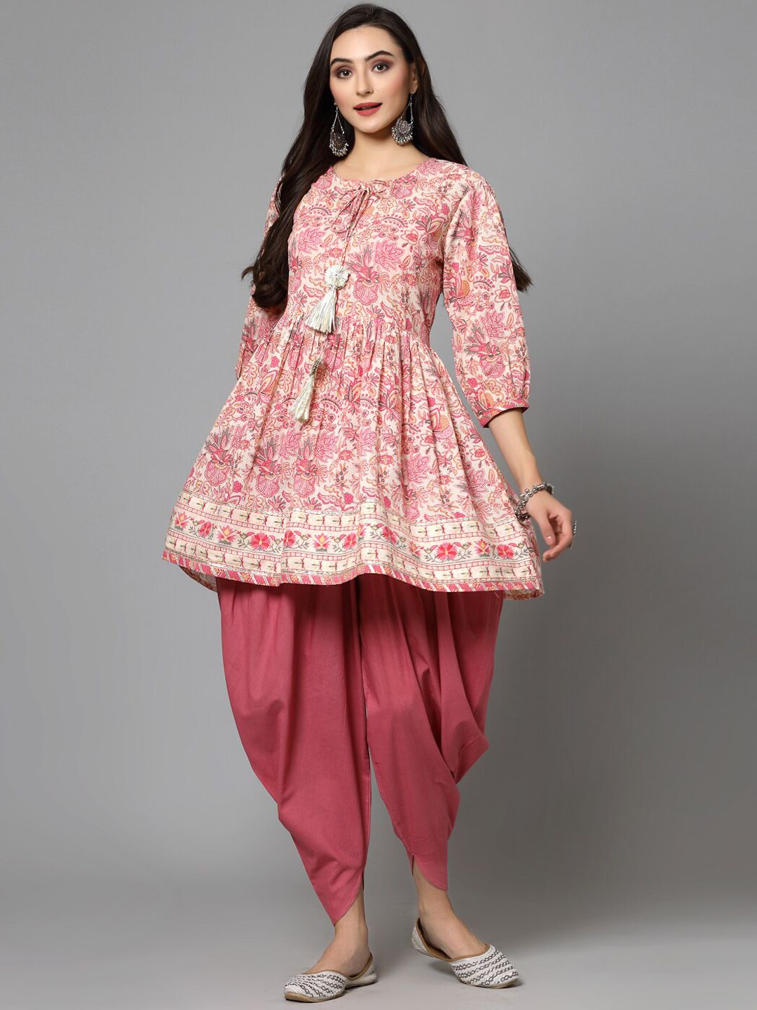 Pink Floral Printed Tie-Up Neck Pure Cotton Anarkali Kurti With Dhoti Pants