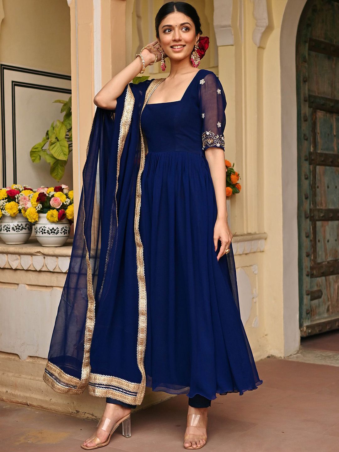 Women Thread Work Square Neck Anarkali Kurta with Trousers & Dupatta - Image 2