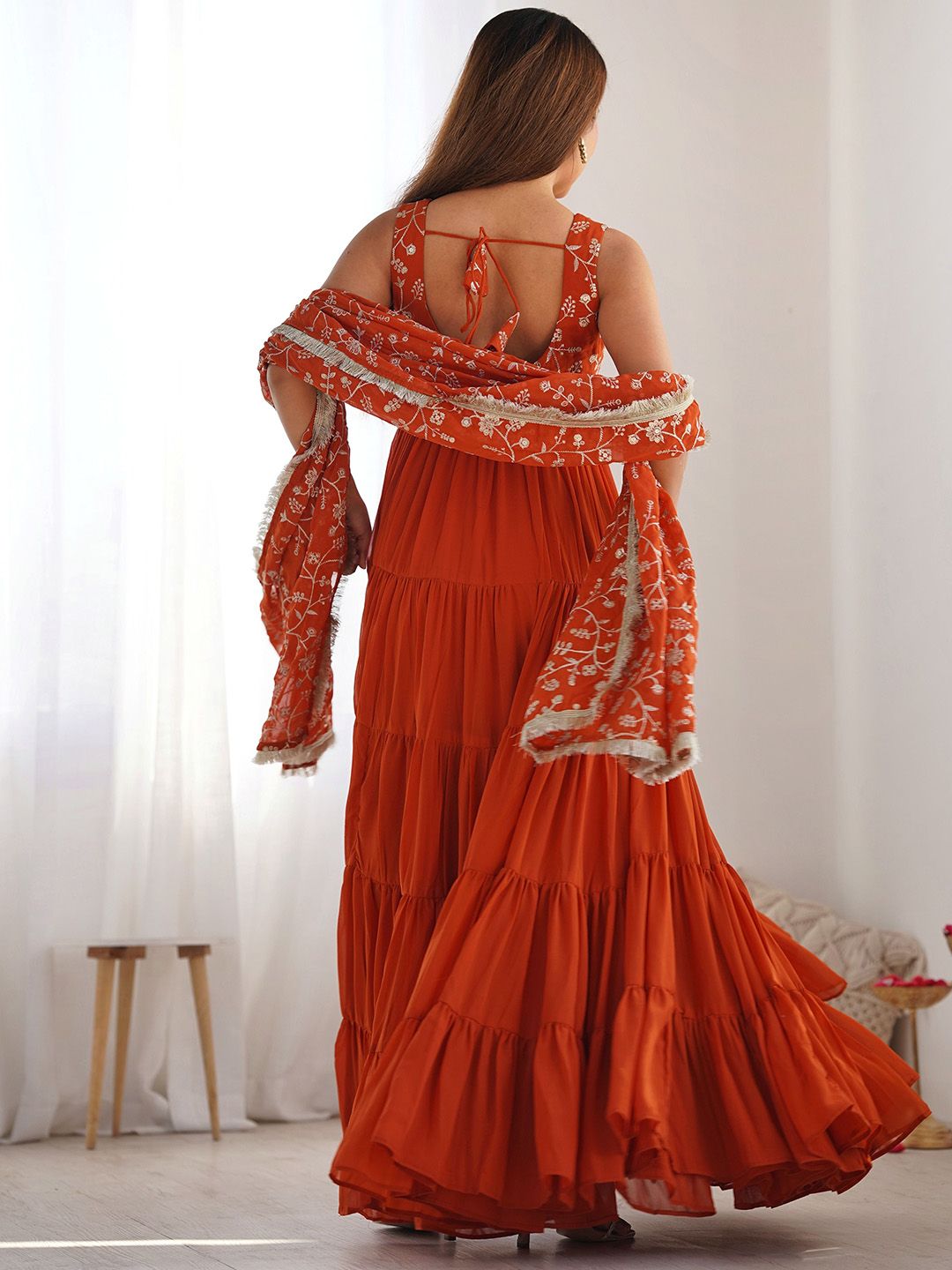 Floral Embroidered Georgette Anarkali Kurta with Trousers & Dupatta - Image 4
