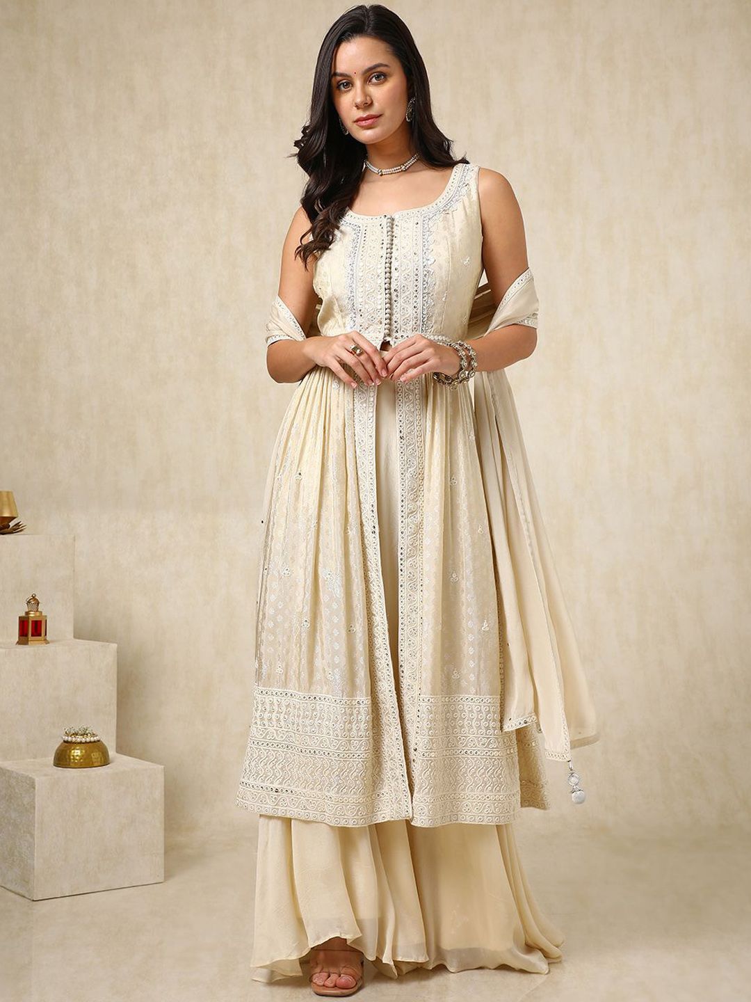 Alina Cut Ethnic Motifs Embroidered Sequinned Anarkali Kurta with Palazzos & Dupatta