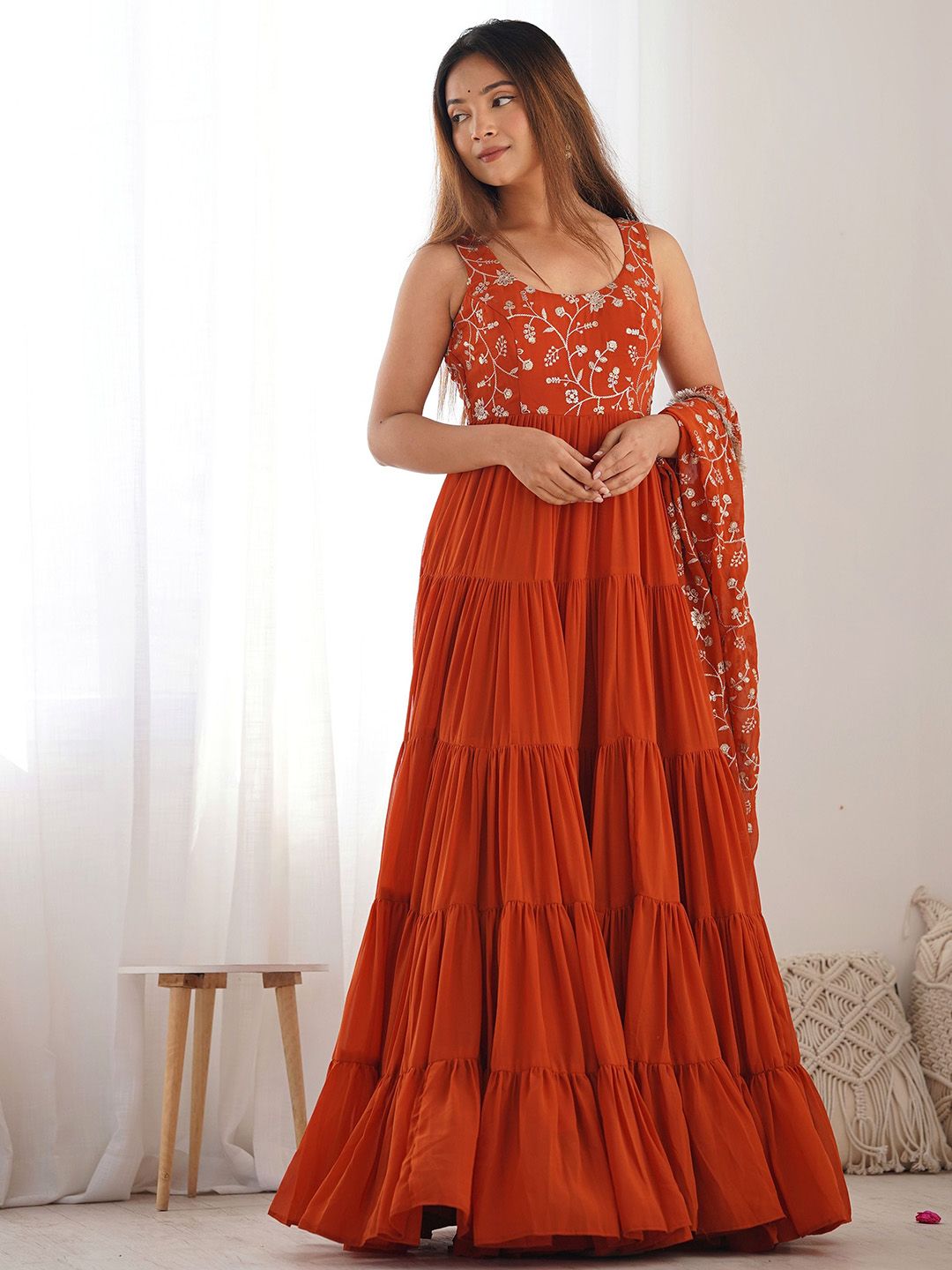 Floral Embroidered Georgette Anarkali Kurta with Trousers & Dupatta