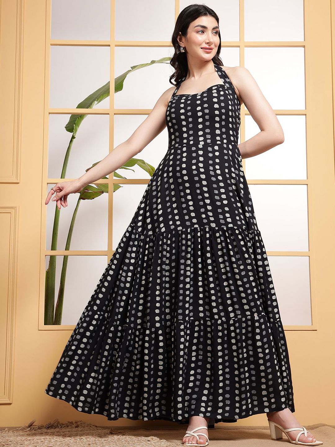 Polka Dot Printed Halter Neck Tiered Fit & Flare Maxi Dress - Image 4