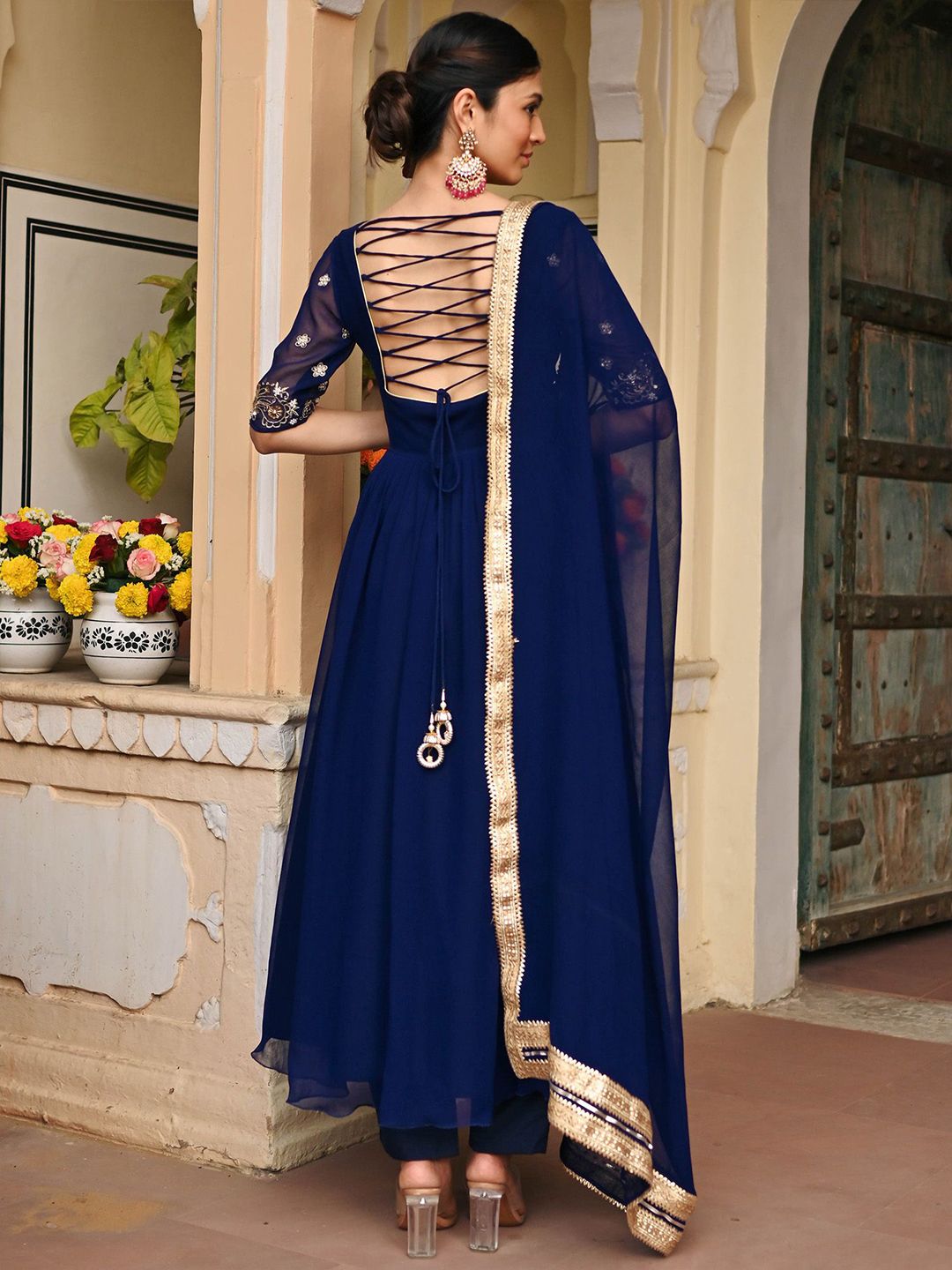Women Thread Work Square Neck Anarkali Kurta with Trousers & Dupatta - Image 4