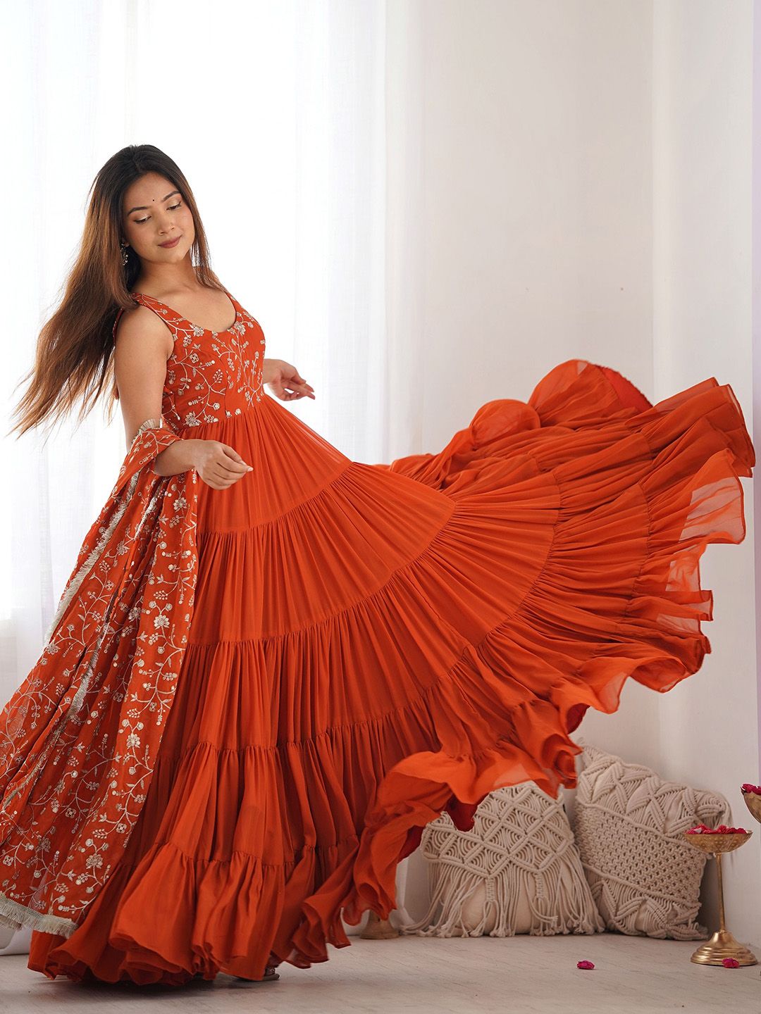 Floral Embroidered Georgette Anarkali Kurta with Trousers & Dupatta - Image 2