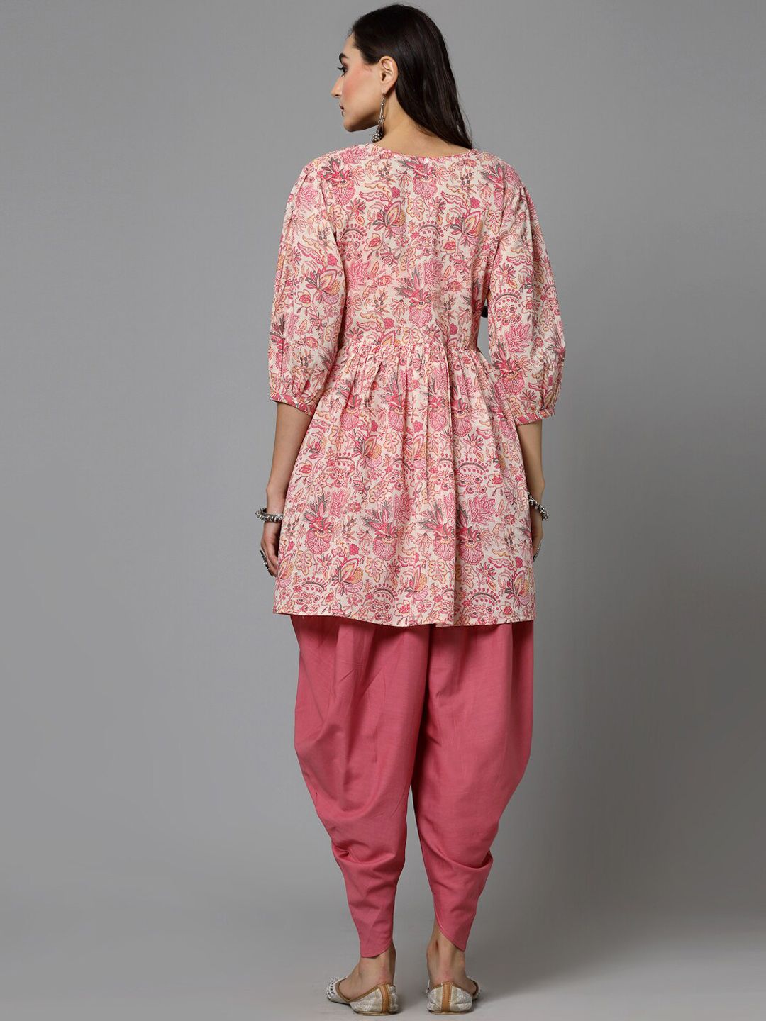 Pink Floral Printed Tie-Up Neck Pure Cotton Anarkali Kurti With Dhoti Pants - Image 2