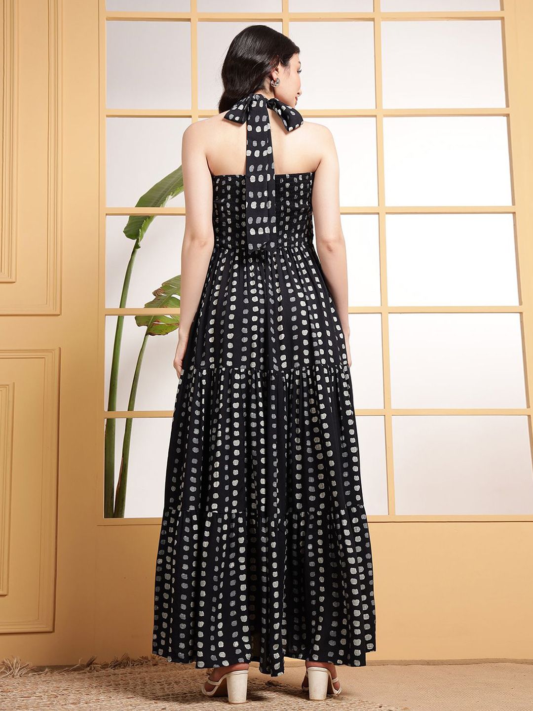 Polka Dot Printed Halter Neck Tiered Fit & Flare Maxi Dress - Image 2