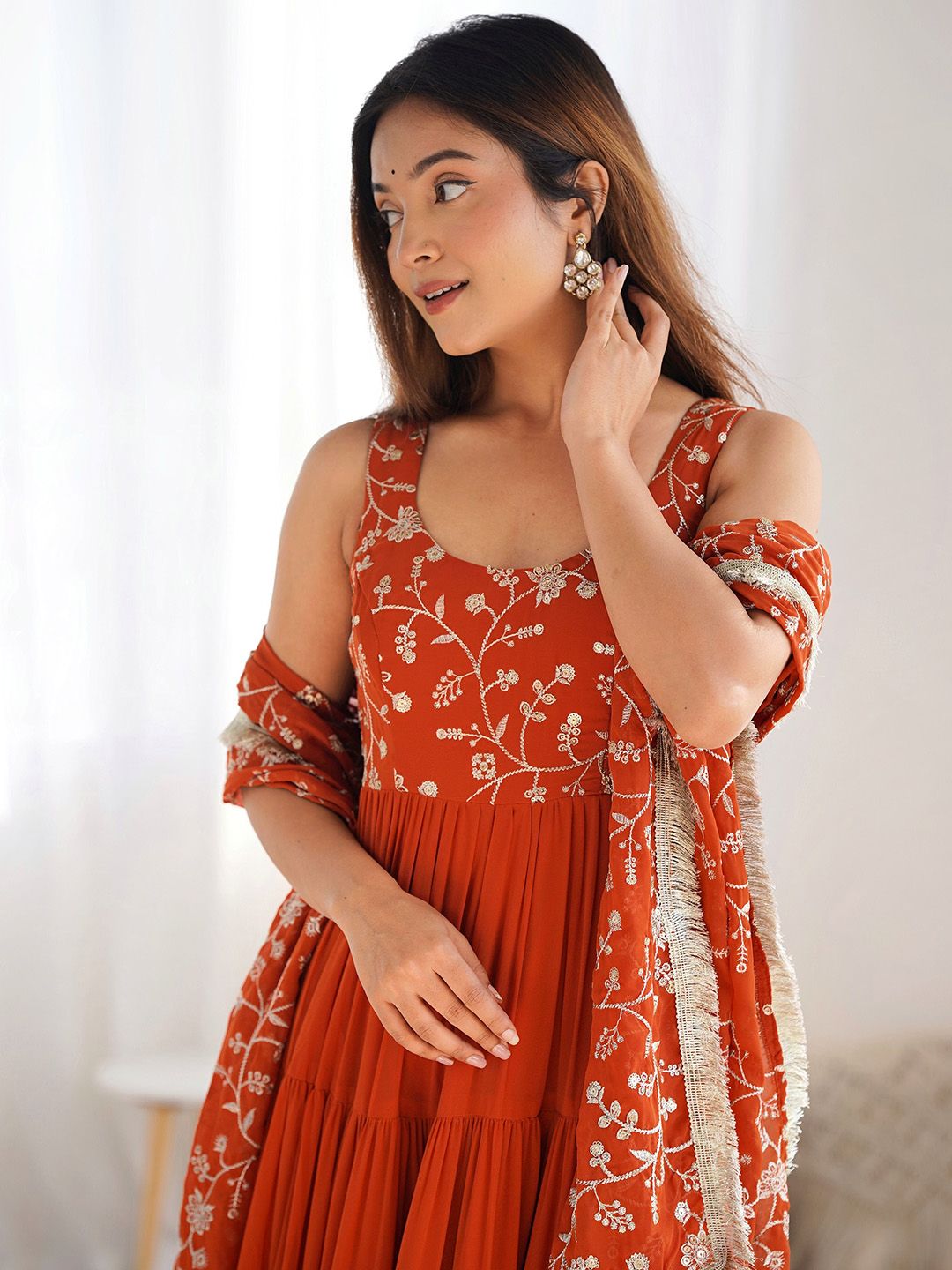 Floral Embroidered Georgette Anarkali Kurta with Trousers & Dupatta - Image 3