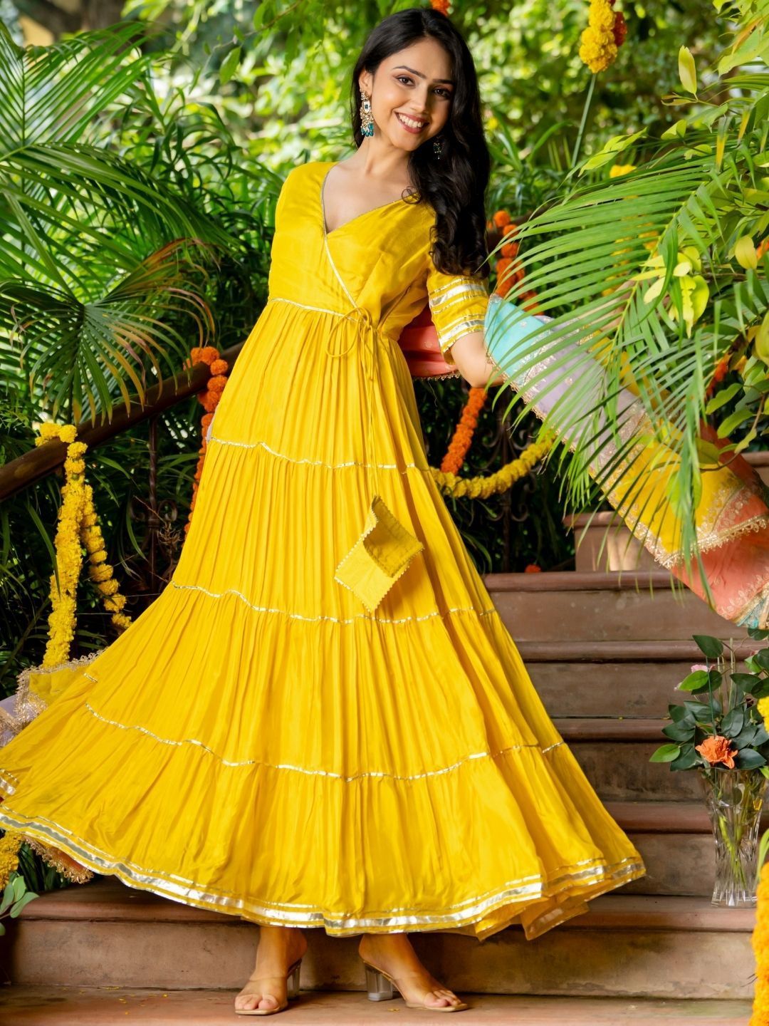 Gotta Patti Dupion Silk Anarkali Kurta With Trousers & Dupatta