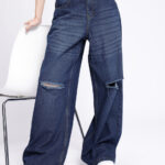 Women Wide Leg Slash Knee Light Fade Jeans